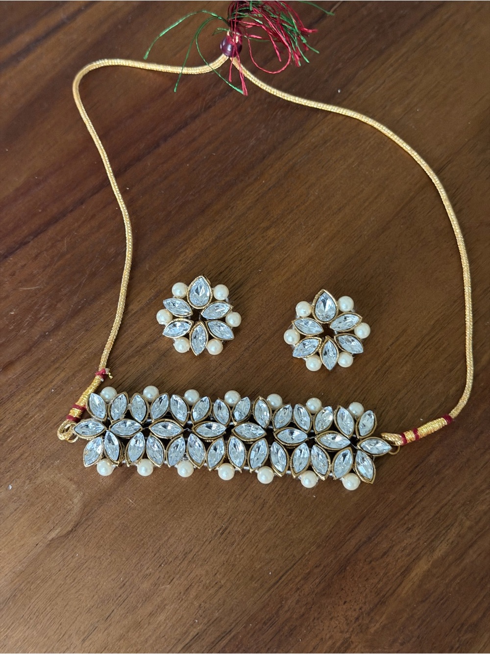 Gold-Tone Pearl & Clear Stone Floral Choker Necklace Set